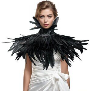Women Black Feather Shrug Shawl Halloween Collar for Renaissance Ball Costume